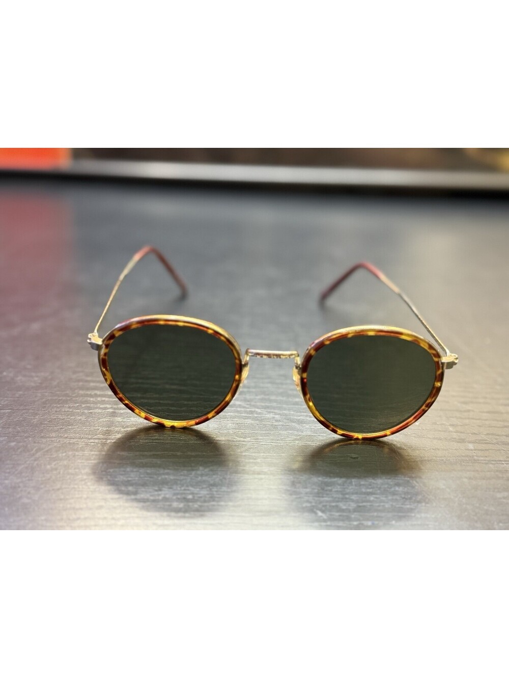 Vintage Round Tortoise Sunglasses Dark Green Lenses Gold Tone Metal Arms
